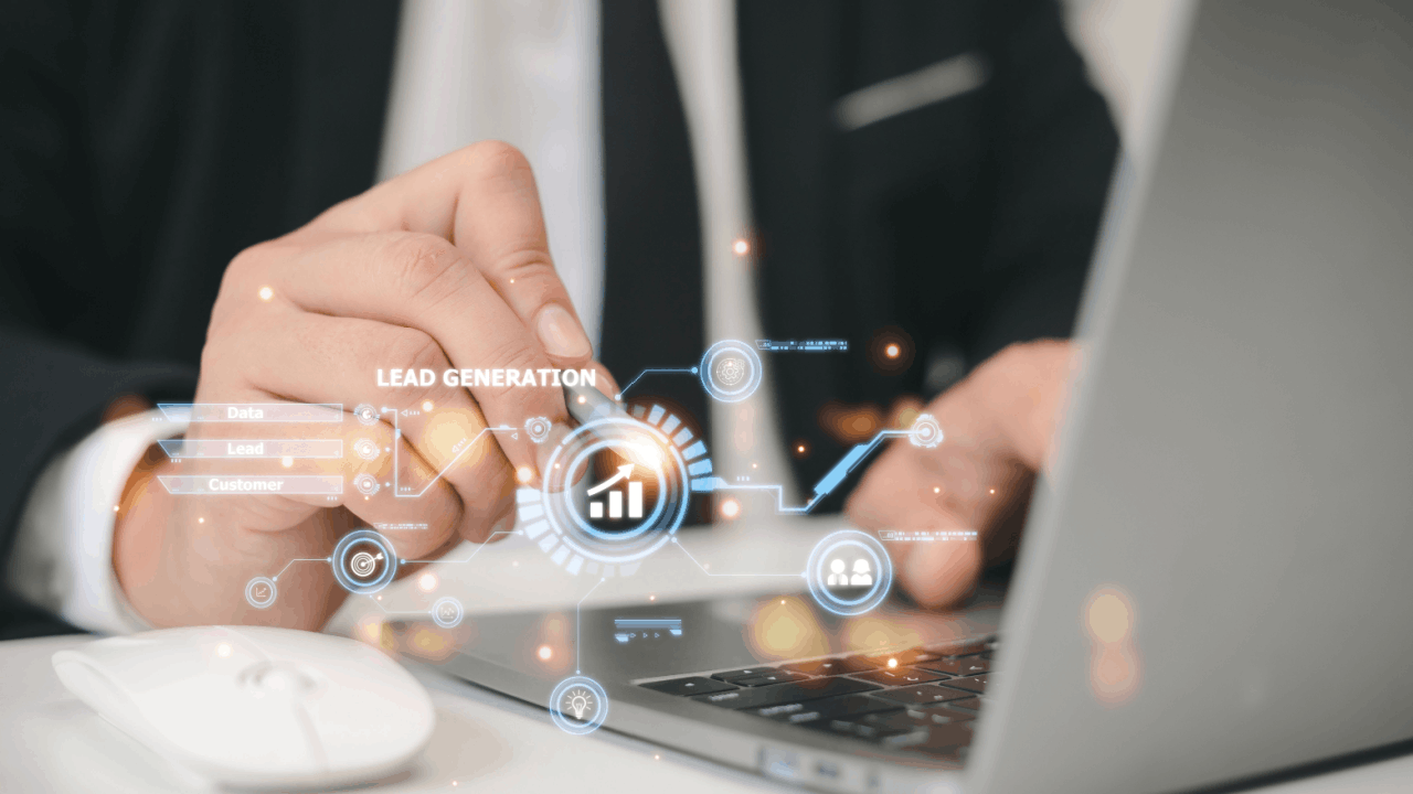 Professional using laptop with contractor lead generation services digital interface showing lead conversion metrics and customer data