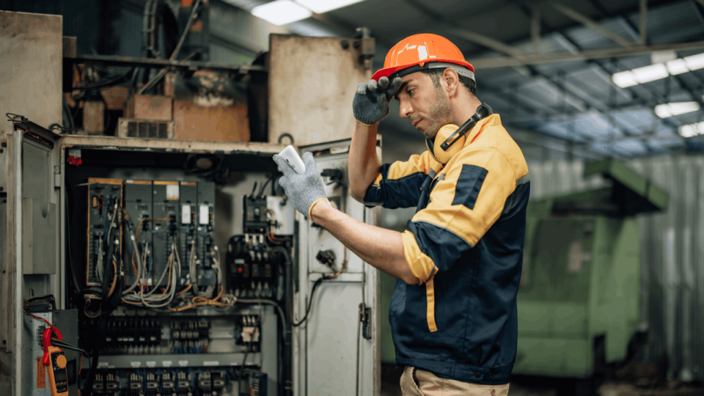 Professional electrician in safety gear examining electrical panel to generate quality electrician leads through expert service