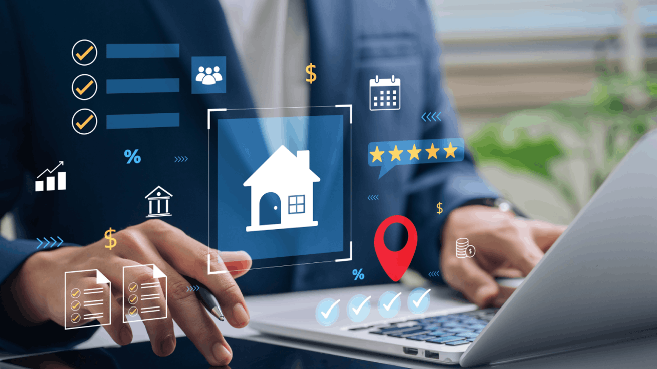 Home services online marketing tools and strategies displayed on laptop with digital icons for reviews, location, and customer engagement