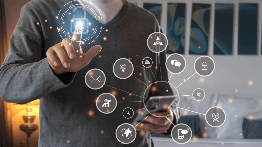 Person using internet marketing for home services through digital touchpoints including email, security, analytics, and customer communication icons