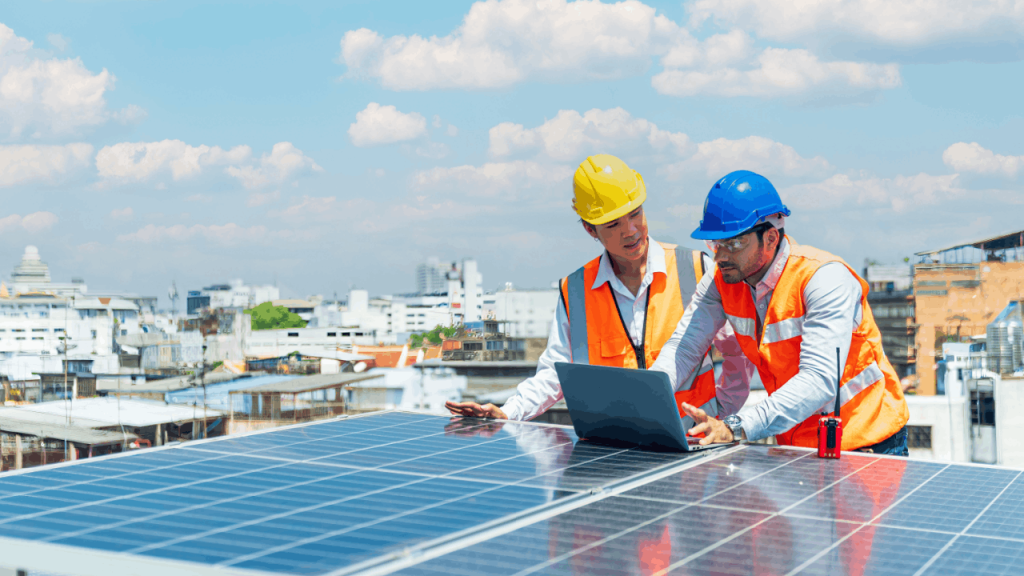 Two solar installation professionals in hard hats and high-vis vests reviewing project data on a laptop placed on rooftop solar panels — representing the field expertise that helps contractors learn how to get solar leads for free through trust and credibility.