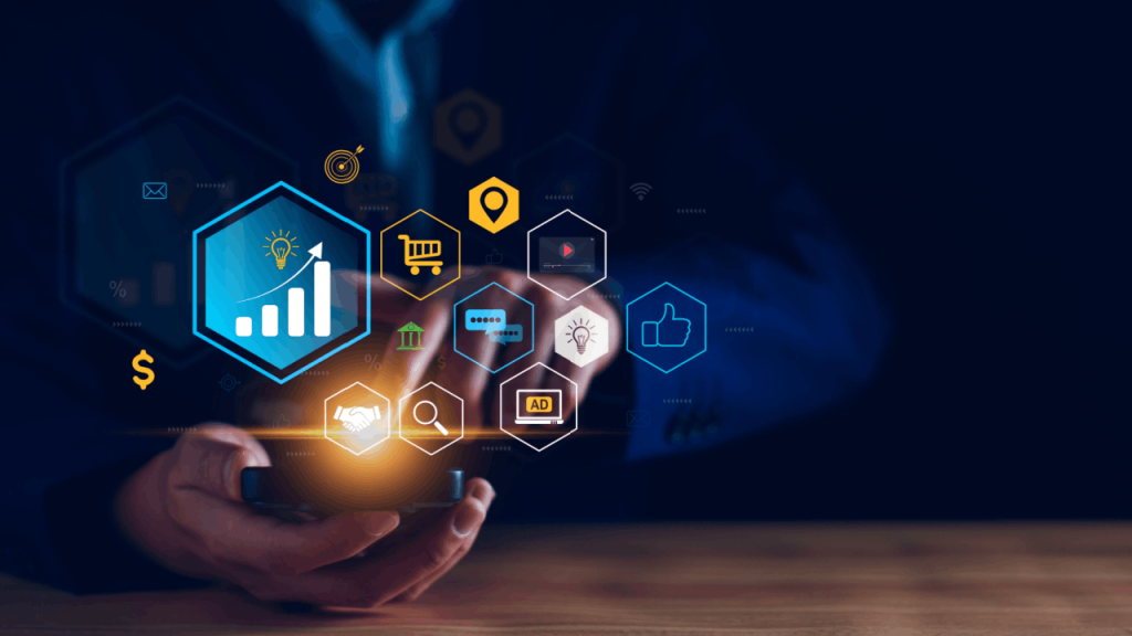 Professional services digital marketing channels including SEO, social media, email, and paid advertising displayed as interconnected hexagonal icons